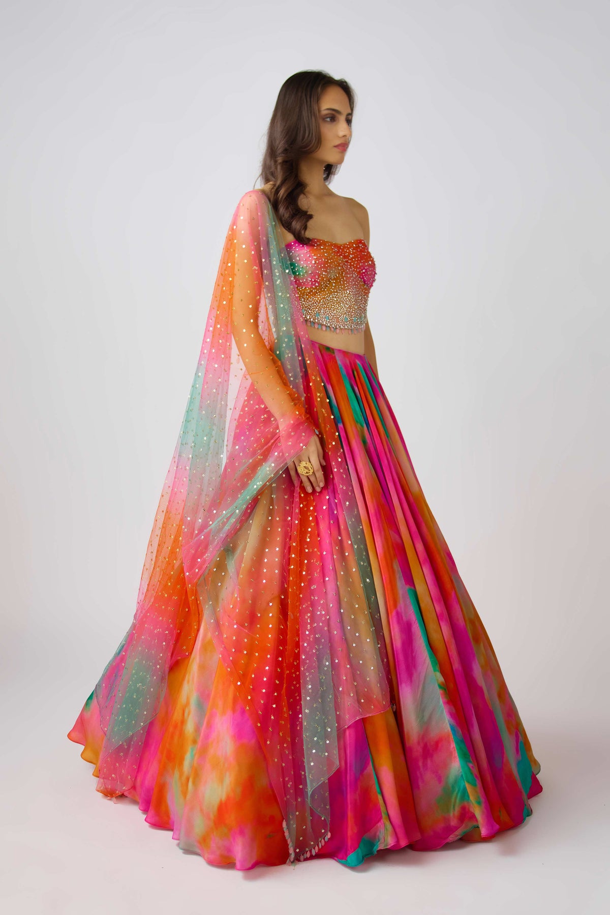 MULTICOLORED CRYSTAL EMBELLISHED CORSET LEHENGA SET