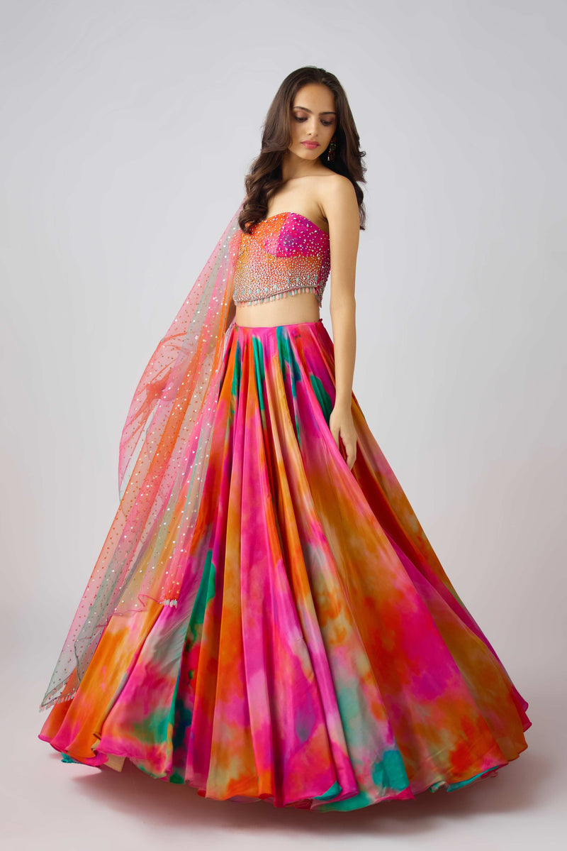 MULTICOLORED CRYSTAL EMBELLISHED CORSET LEHENGA SET