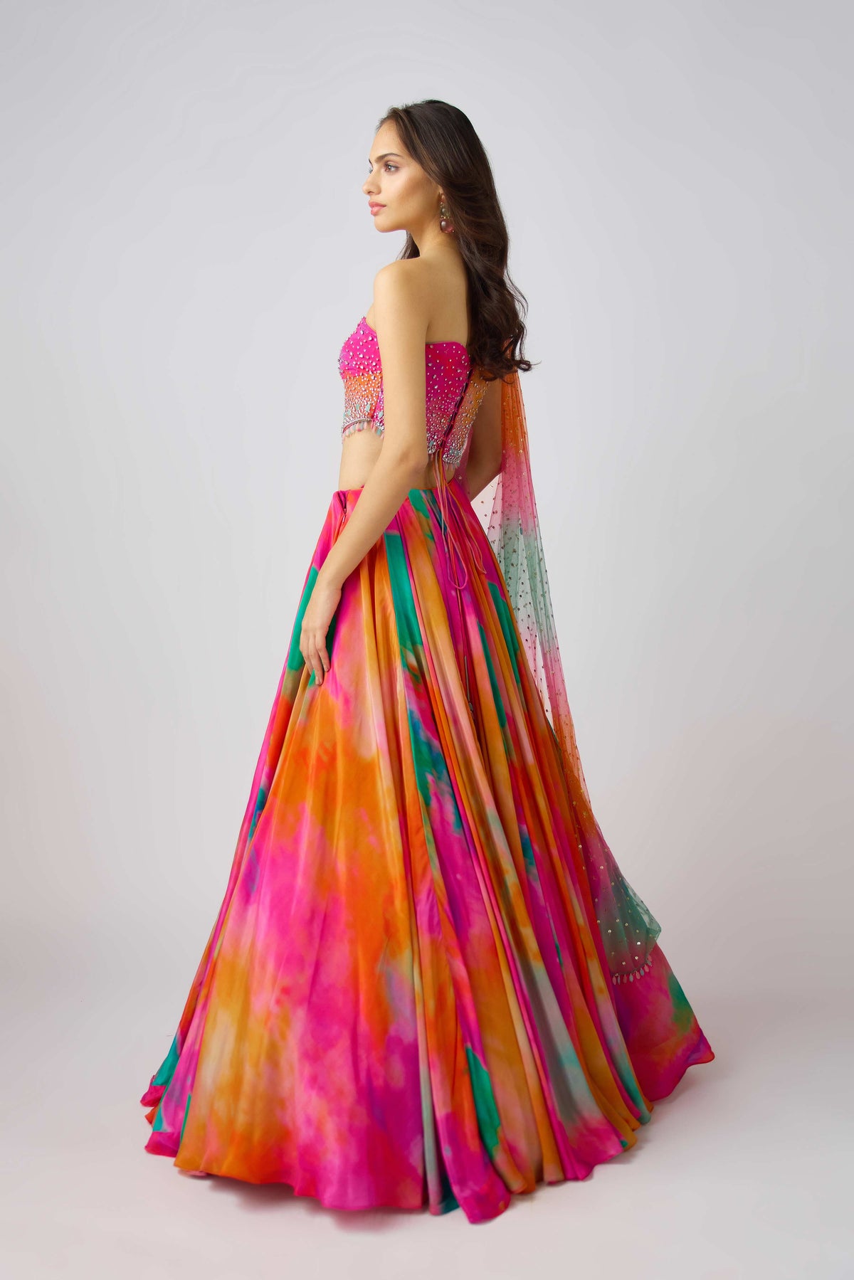 MULTICOLORED CRYSTAL EMBELLISHED CORSET LEHENGA SET