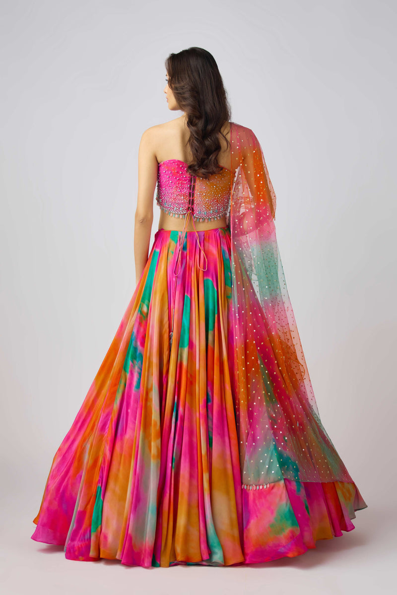 MULTICOLORED CRYSTAL EMBELLISHED CORSET LEHENGA SET