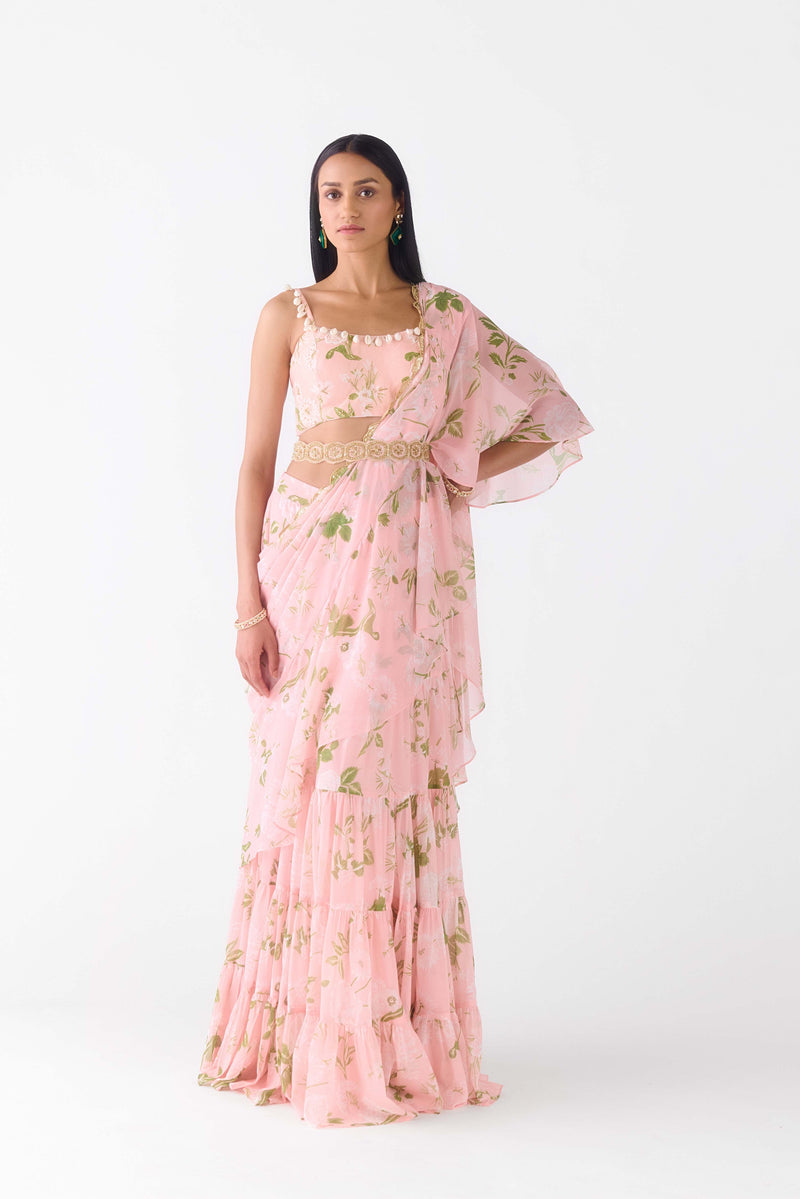 PINK EMBROIDERED FLORAL PRE DRAPED SAREE