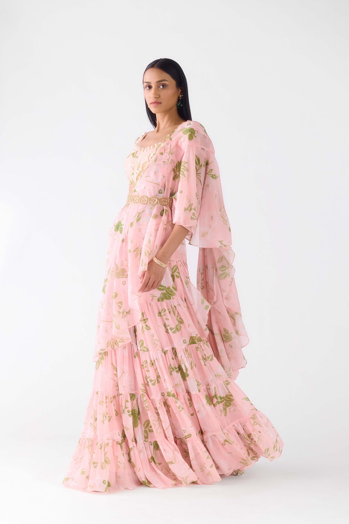 PINK EMBROIDERED FLORAL PRE DRAPED SAREE