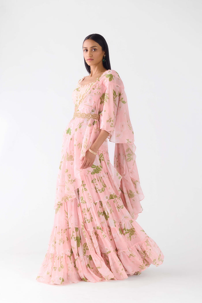 PINK EMBROIDERED FLORAL PRE DRAPED SAREE