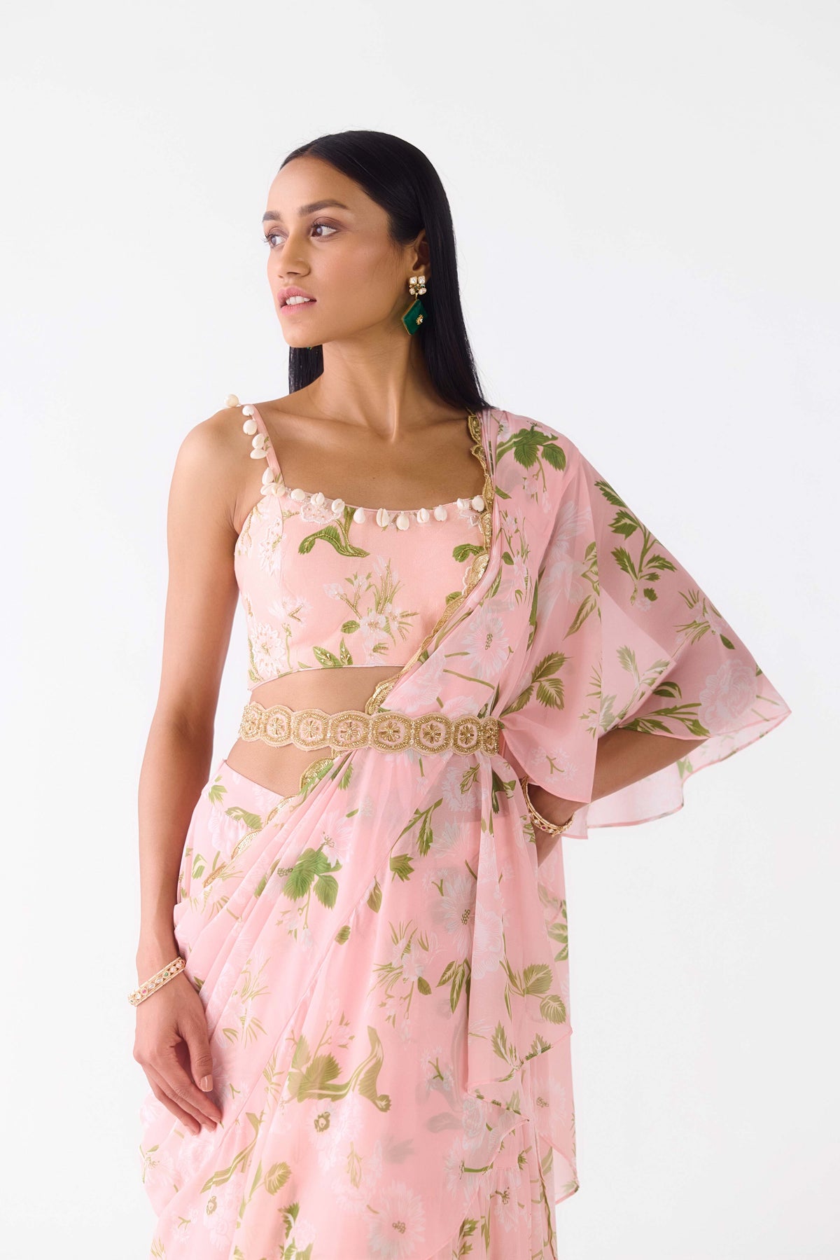 PINK EMBROIDERED FLORAL PRE DRAPED SAREE
