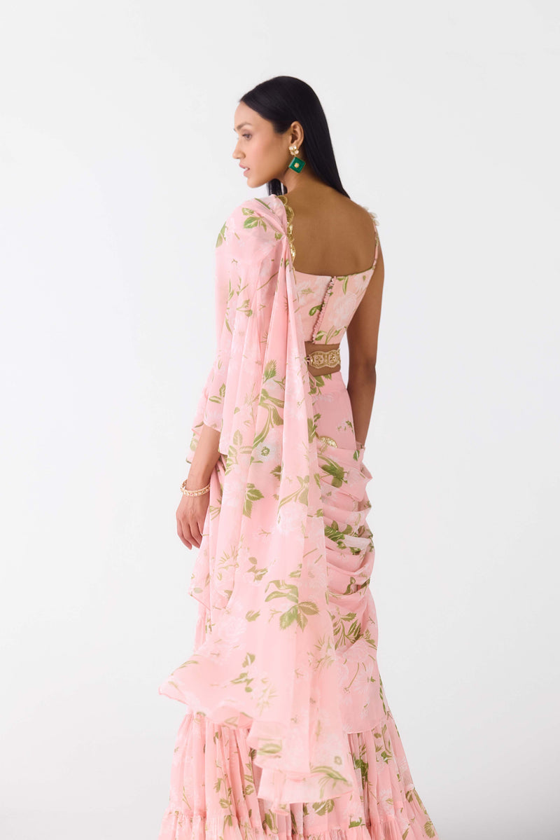 PINK EMBROIDERED FLORAL PRE DRAPED SAREE