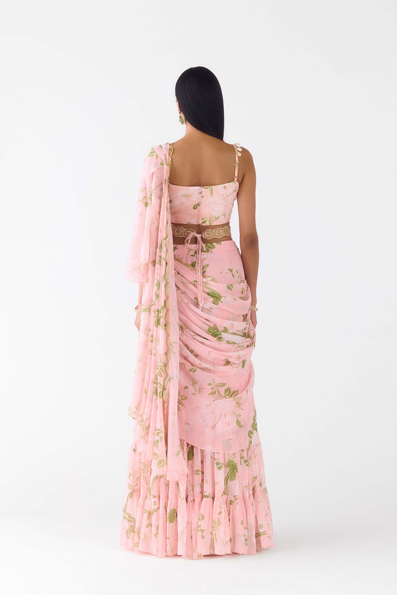 PINK EMBROIDERED FLORAL PRE DRAPED SAREE