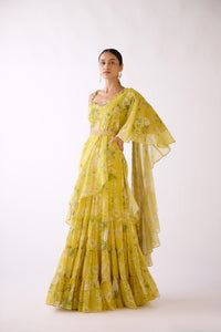 YELLOW EMBROIDERED FLORAL PRE DRAPED SAREE