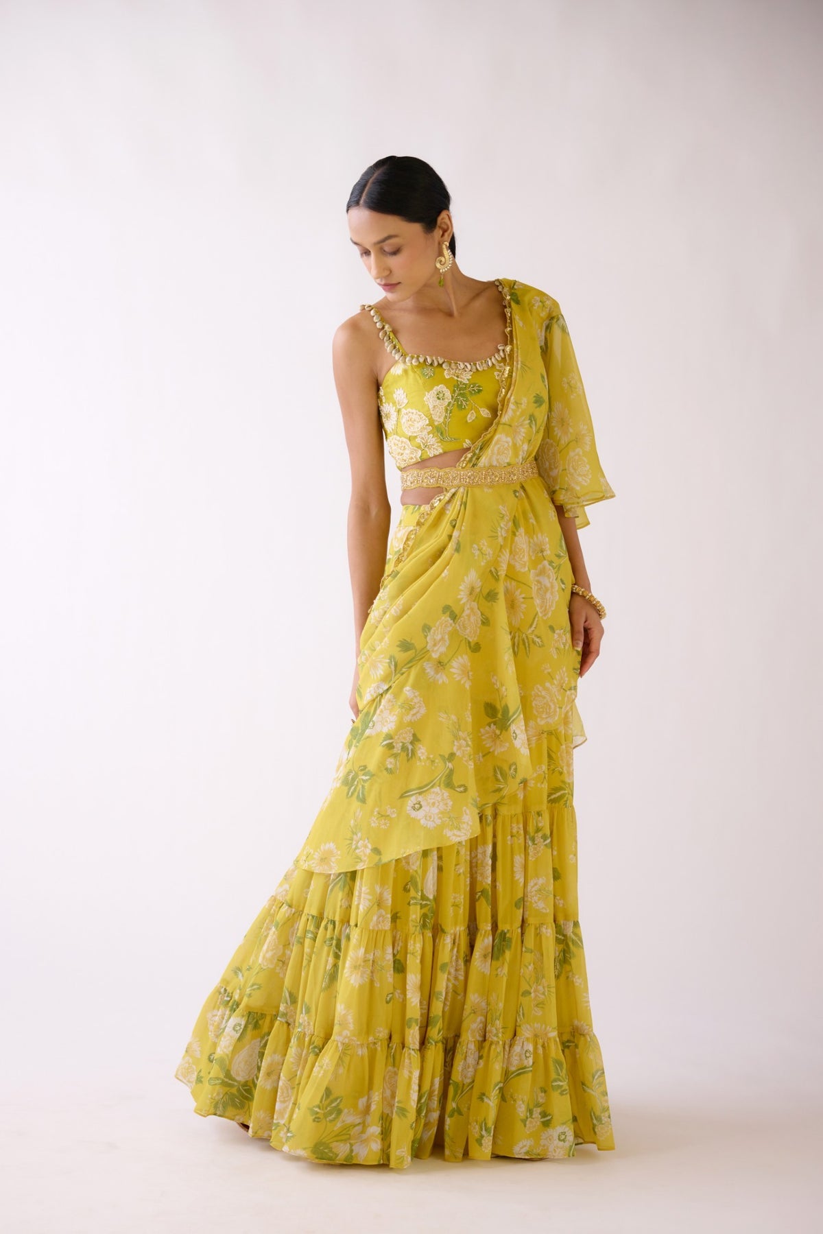 YELLOW EMBROIDERED FLORAL PRE DRAPED SAREE