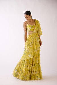 YELLOW EMBROIDERED FLORAL PRE DRAPED SAREE