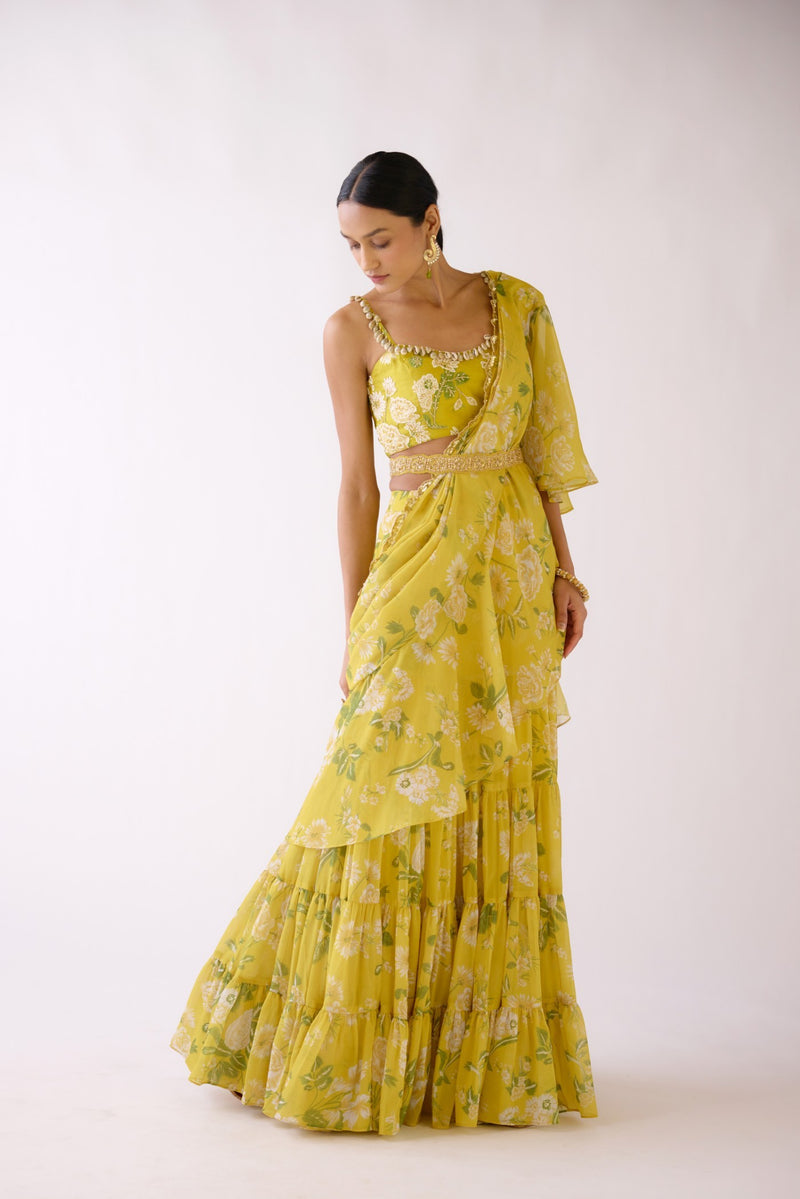YELLOW EMBROIDERED FLORAL PRE DRAPED SAREE
