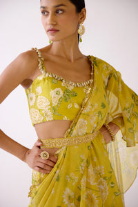 YELLOW EMBROIDERED FLORAL PRE DRAPED SAREE