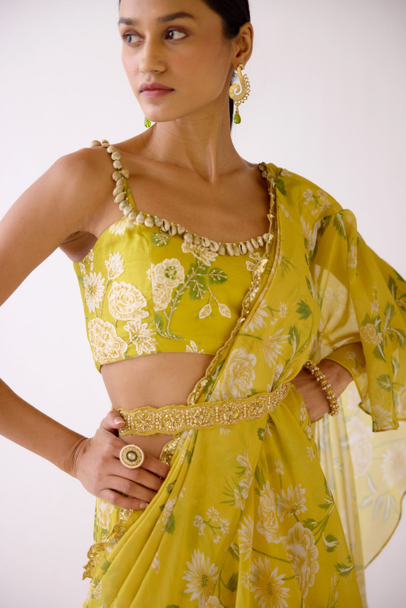 YELLOW EMBROIDERED FLORAL PRE DRAPED SAREE