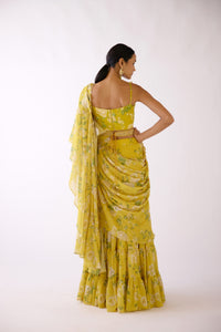 YELLOW EMBROIDERED FLORAL PRE DRAPED SAREE
