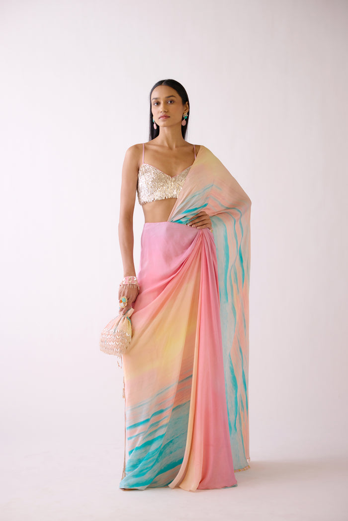 PINK EMBELLISHED PRE DRAPED SAREE