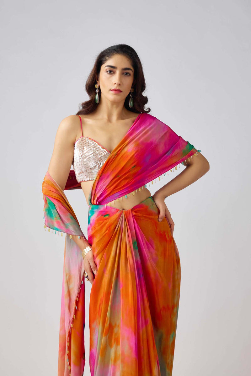 MULTICOLOR CREPE SEQUINS LEAF EMBROIDERED SAREE