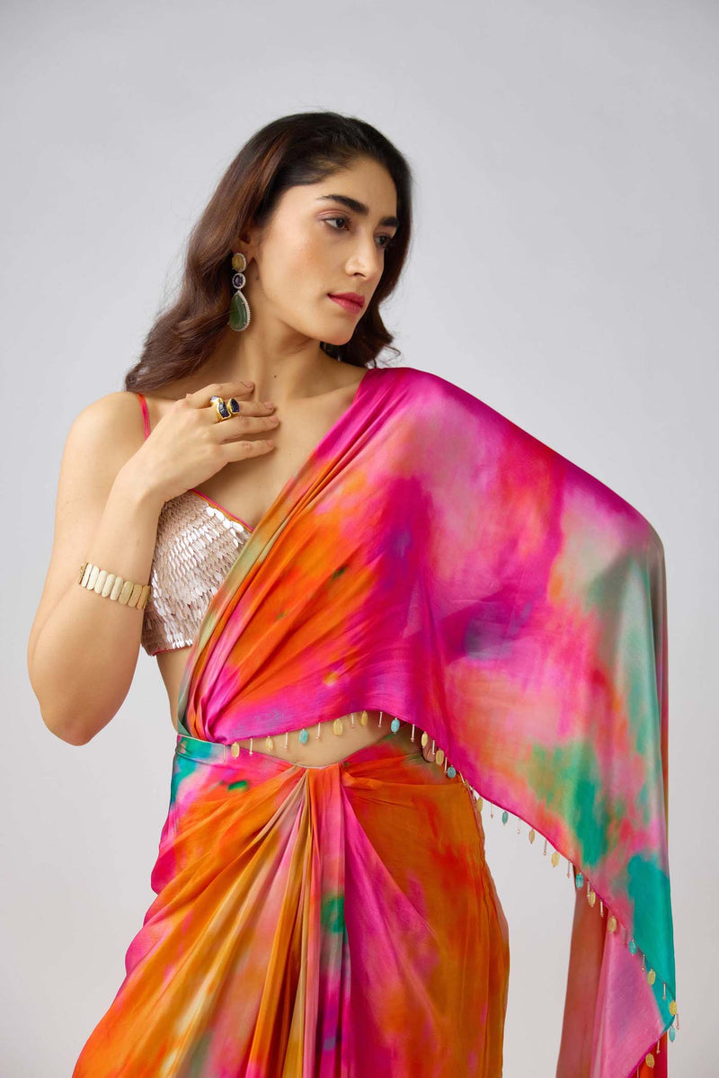 MULTICOLOR CREPE SEQUINS LEAF EMBROIDERED SAREE