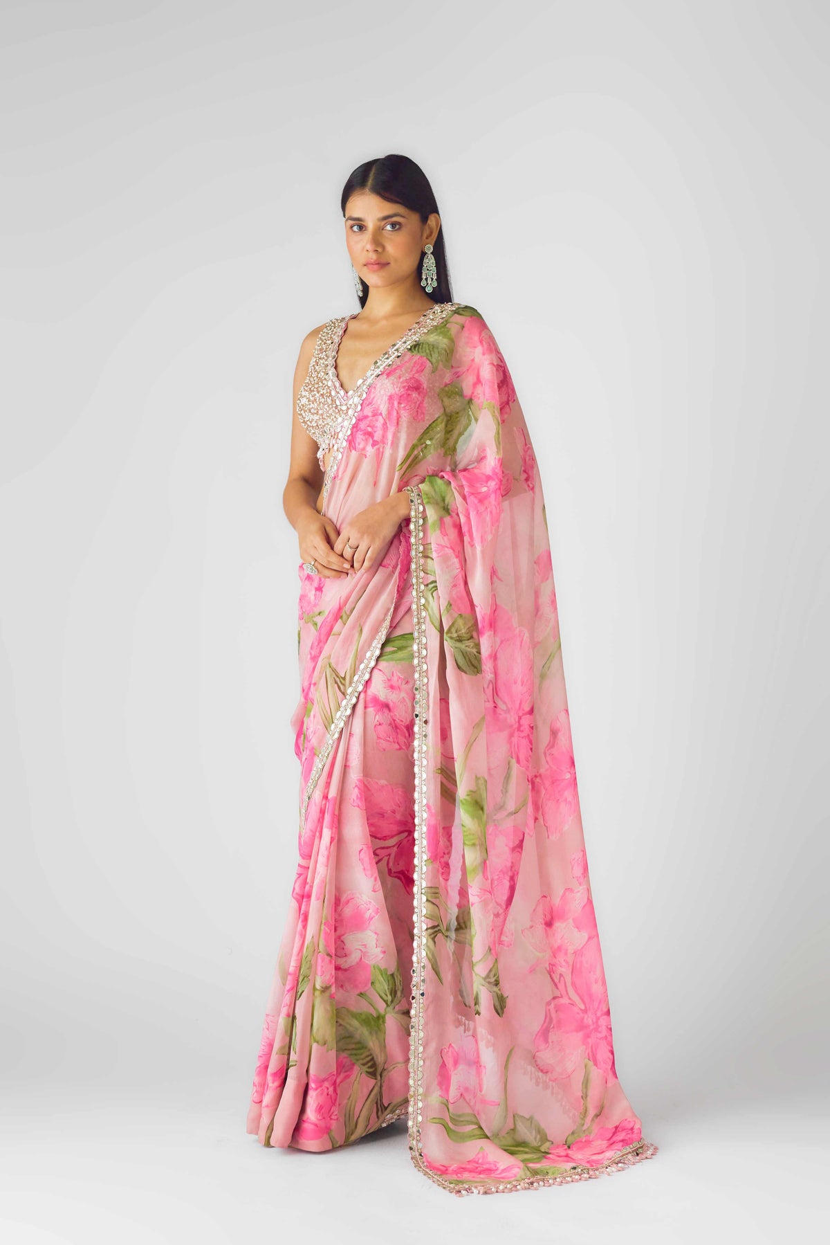 BLUSH PINK FLORAL PRE DRAPED EMBROIDERED SAREE | Nishly Fashion House