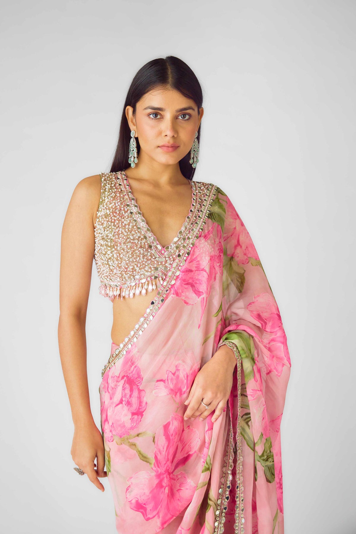BLUSH PINK FLORAL PRE DRAPED EMBROIDERED SAREE | Nishly Fashion House