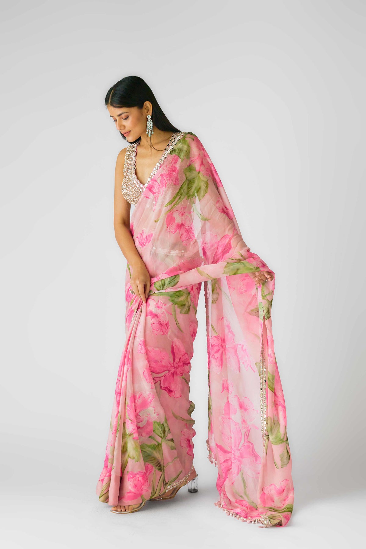 BLUSH PINK FLORAL PRE DRAPED EMBROIDERED SAREE | Nishly Fashion House