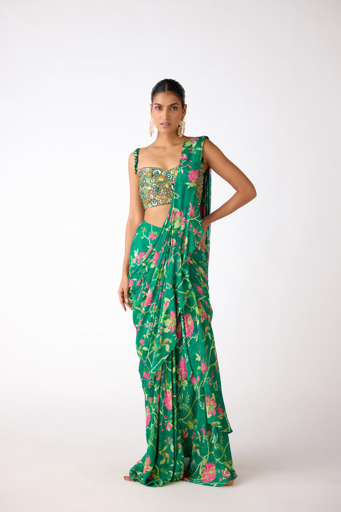 GREEN MIRROR EMBROIDERED PRE DRAPED SAREE