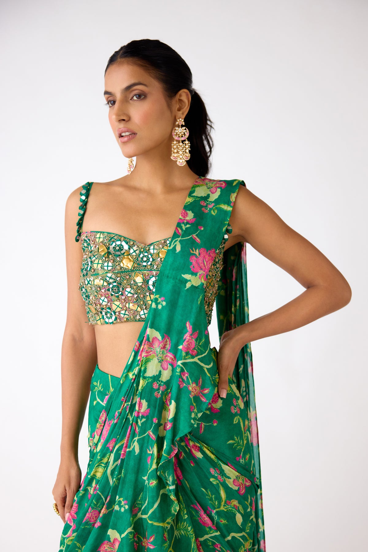 GREEN MIRROR EMBROIDERED PRE DRAPED SAREE