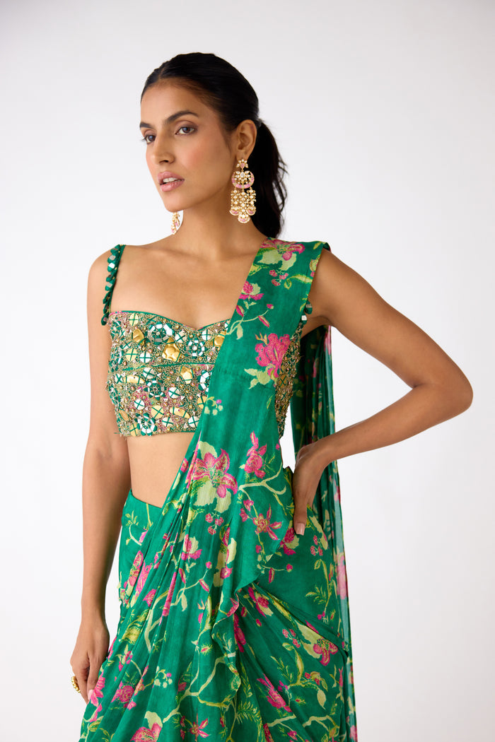 GREEN MIRROR EMBROIDERED PRE DRAPED SAREE