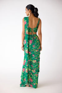 GREEN MIRROR EMBROIDERED PRE DRAPED SAREE