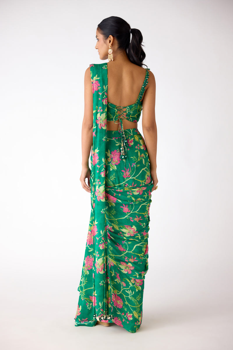 GREEN MIRROR EMBROIDERED PRE DRAPED SAREE