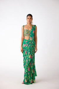 GREEN MIRROR EMBROIDERED PRE DRAPED SAREE
