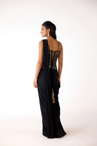 EMBELLISHED BLACK CORSET PRE DRAPED SAREE SET