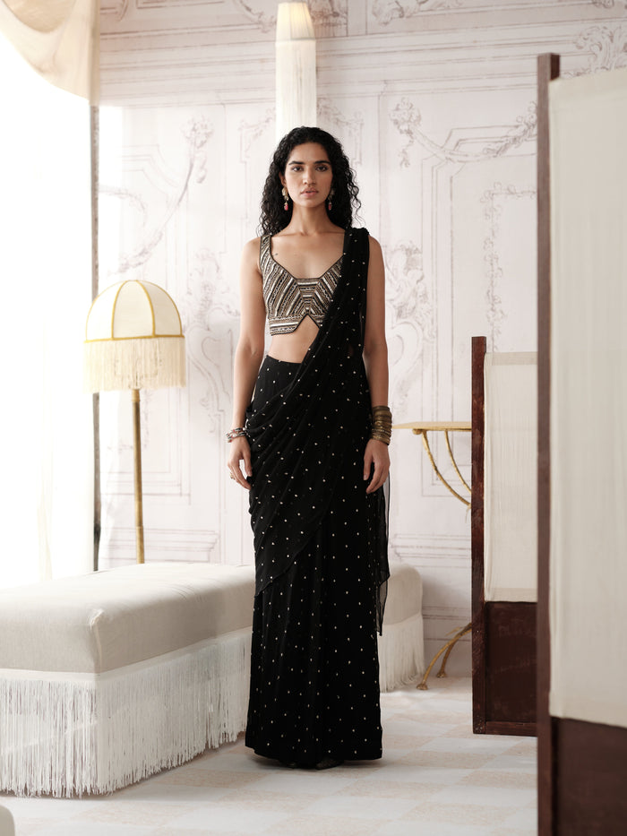 Black embellished pre draped saree with sequins and mirror work