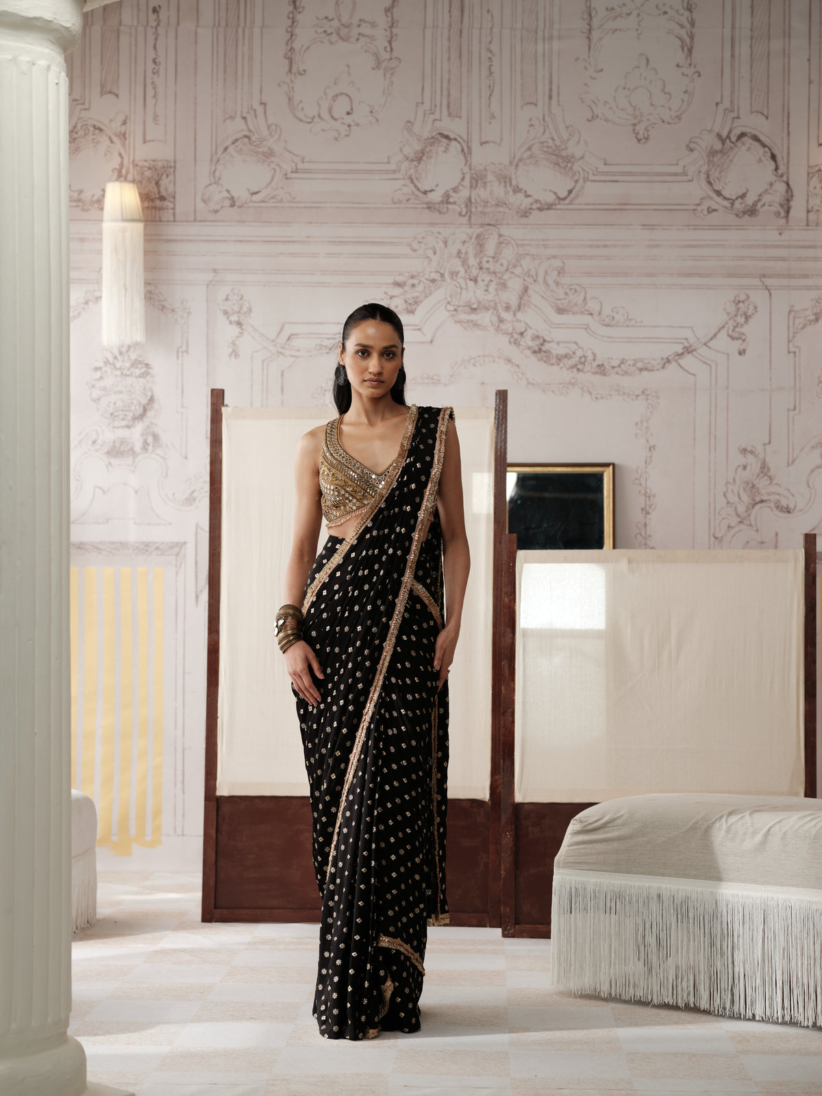 Black pre-draped mirror embroidered saree with sequin and zari work