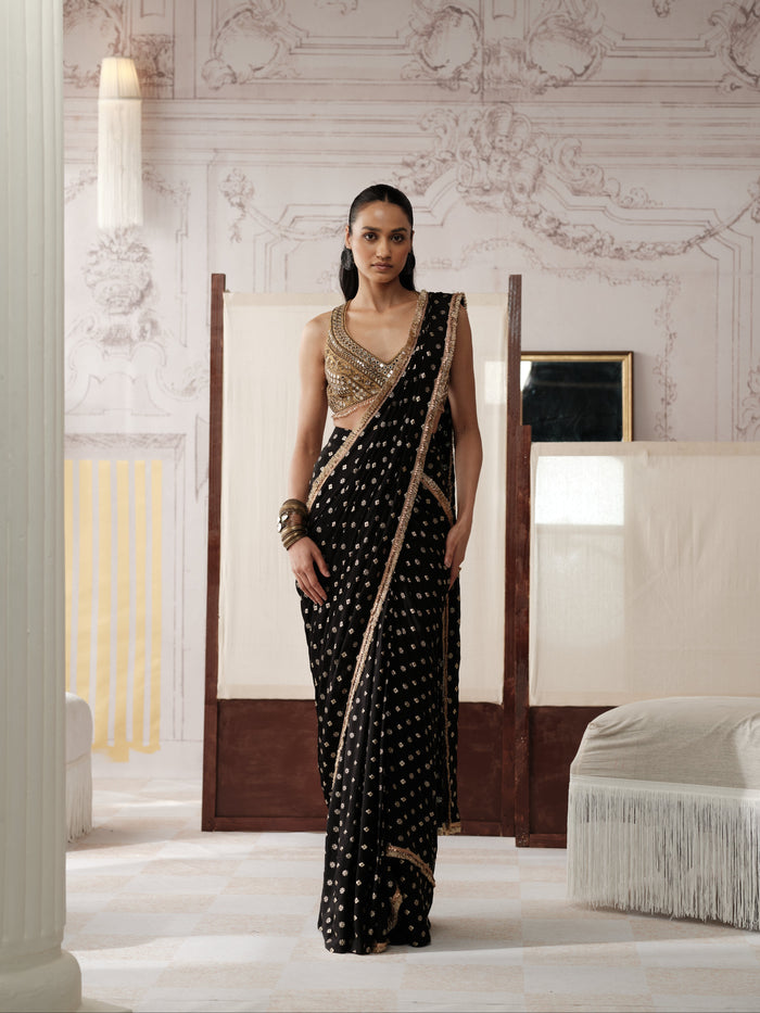 Black pre-draped mirror embroidered saree with sequin and zari work