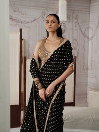 Black pre-draped saree with intricate mirror and cutdana embroidery