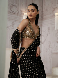 Black designer pre-draped saree with mirror sequin embroidered detailing