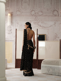 Black sequin and mirror embroidered pre-draped saree for wedding party