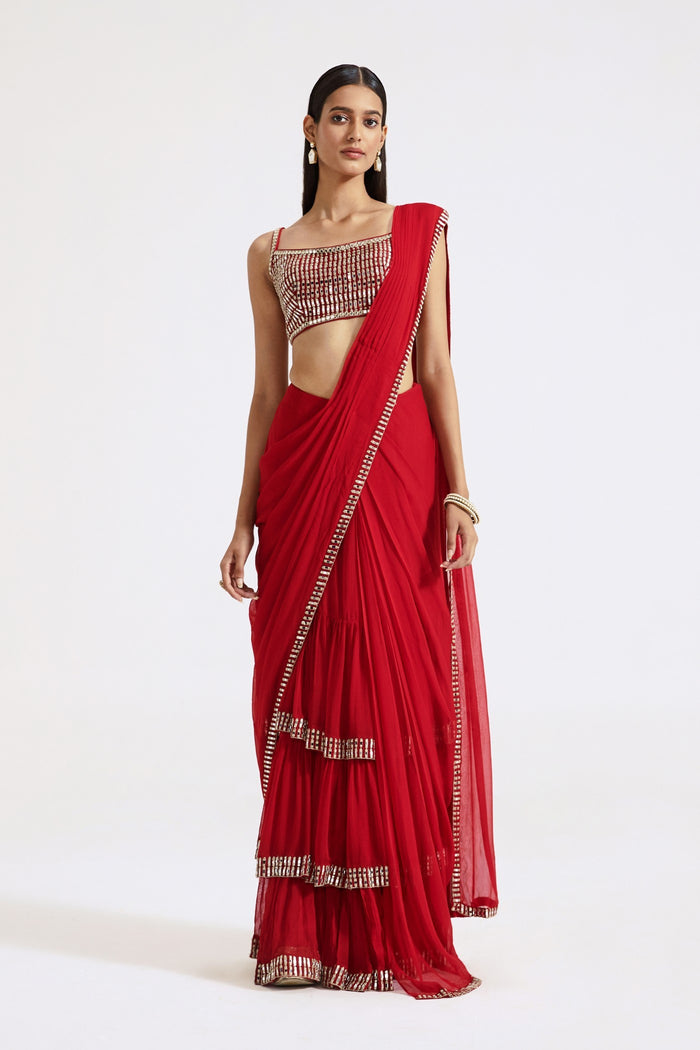 RED MIRROR EMBROIDERED PRE- DRAPED SAREE