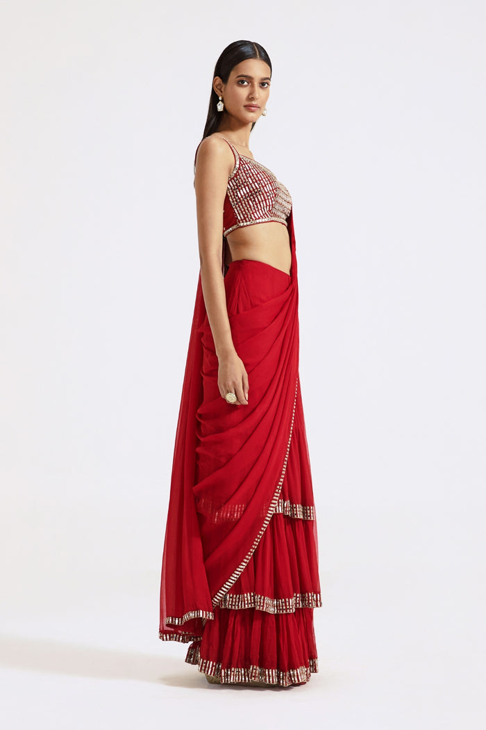 RED MIRROR EMBROIDERED PRE- DRAPED SAREE