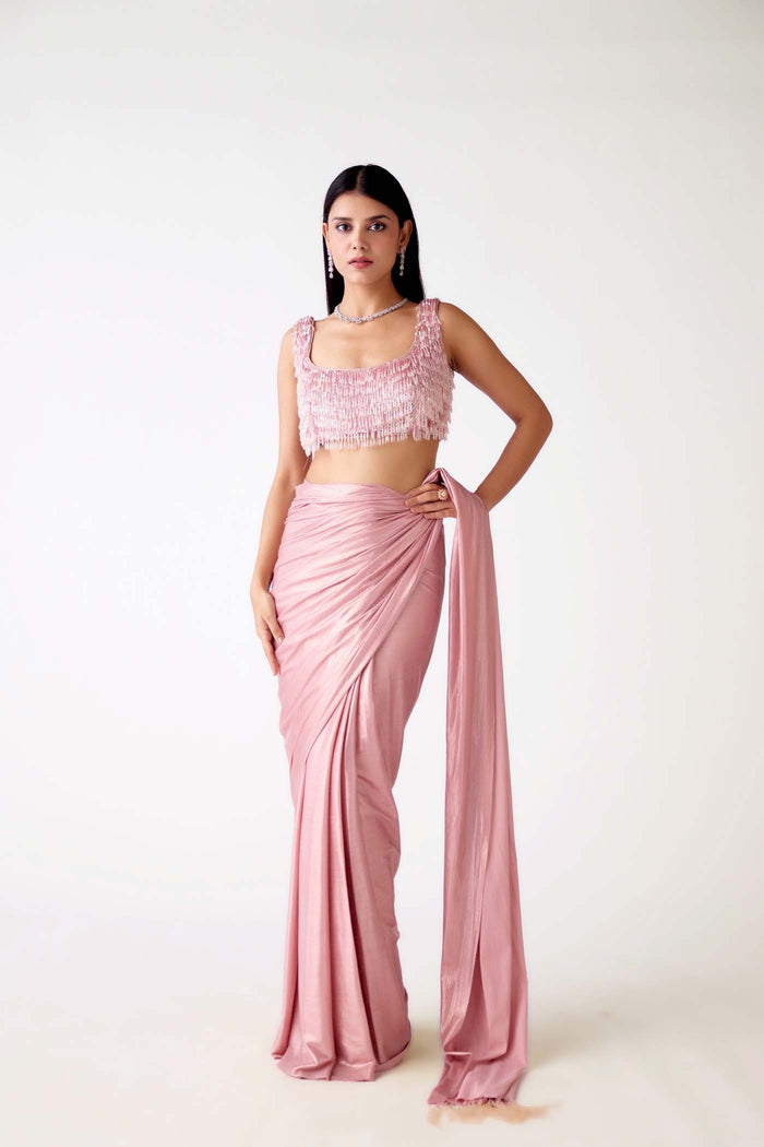 PINK SHIMMER CRYSTAL TASSELS SAREE