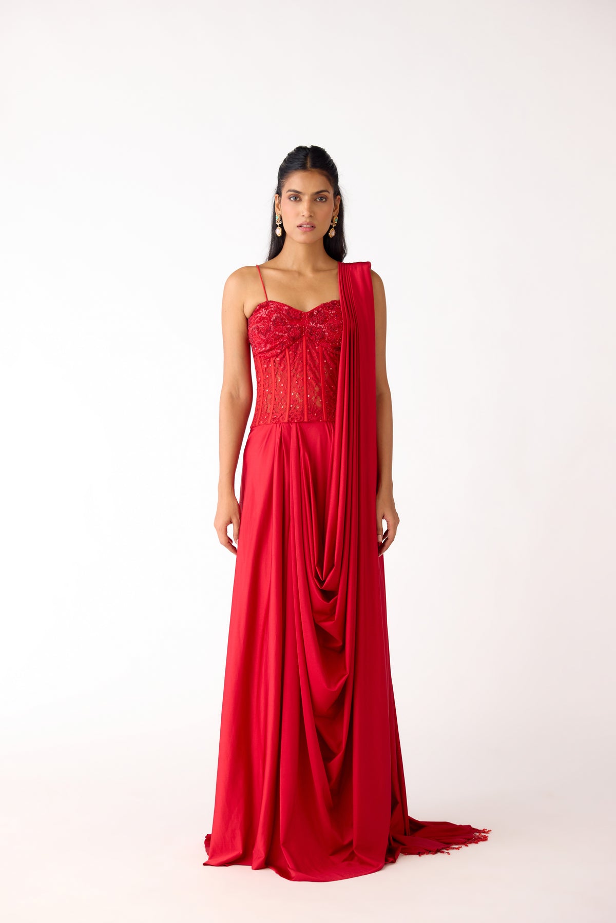 RED EMBROIDERED CORSET PRE DRAPED SAREE | Nishly Fashion House