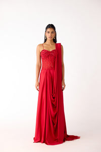 RED EMBROIDERED CORSET PRE DRAPED SAREE | Nishly Fashion House
