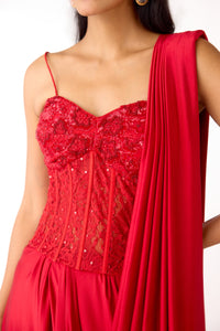 RED EMBROIDERED CORSET PRE DRAPED SAREE | Nishly Fashion House