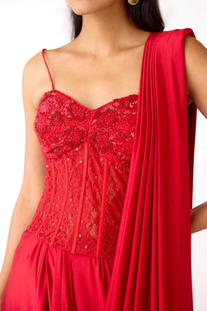 RED EMBROIDERED CORSET PRE DRAPED SAREE | Nishly Fashion House