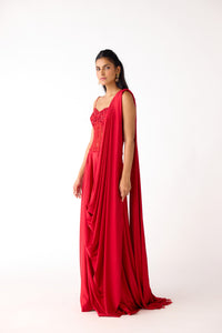 RED EMBROIDERED CORSET PRE DRAPED SAREE | Nishly Fashion House