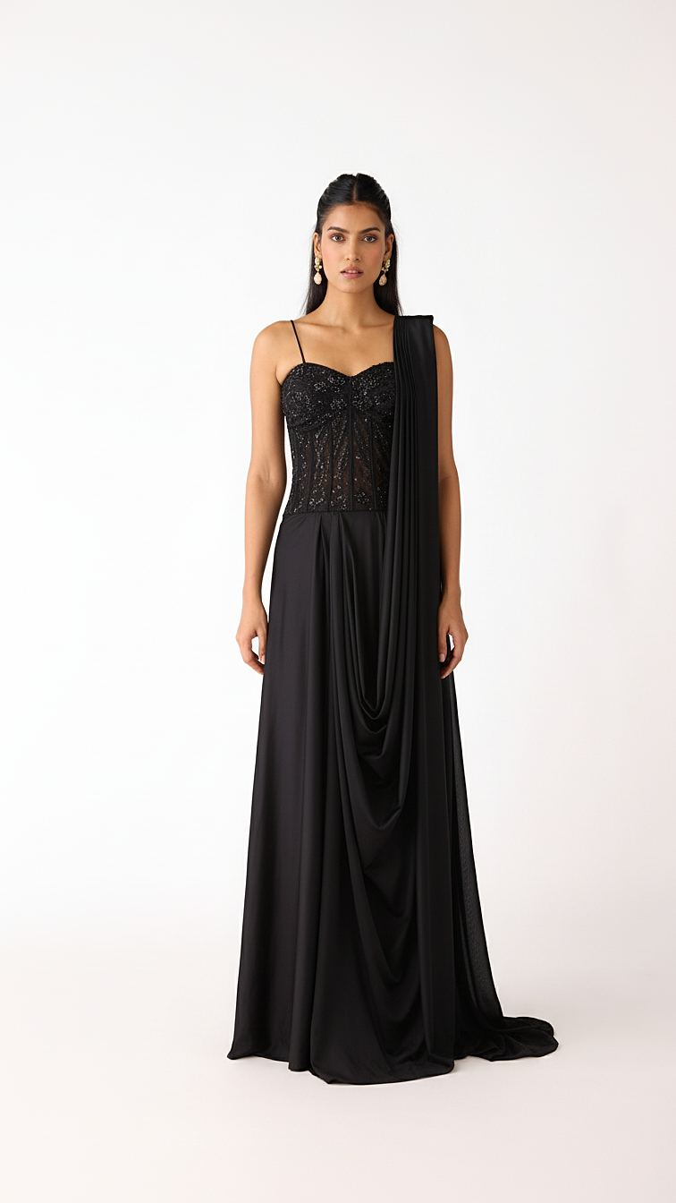 BLACK LYCRA EMBROIDERED READY TO WEAR SAREE