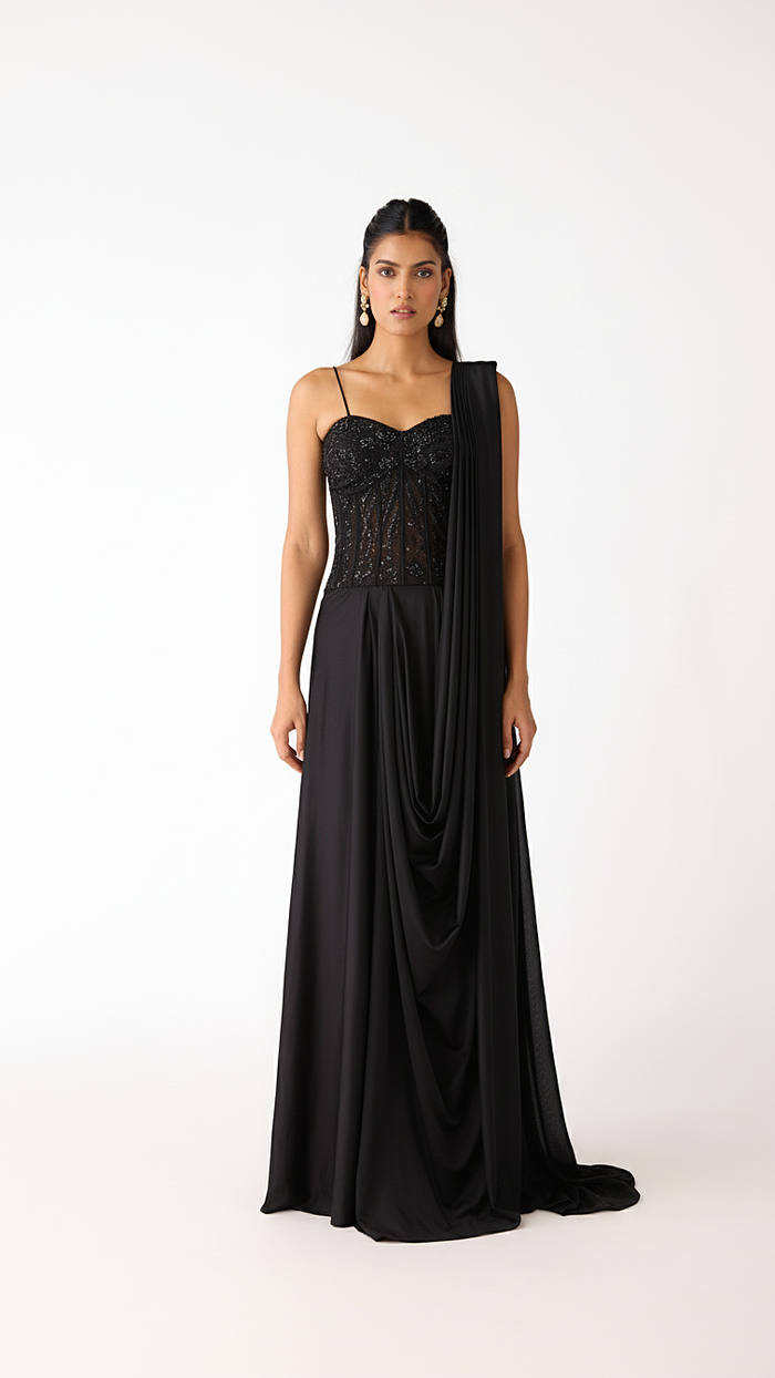 BLACK LYCRA EMBROIDERED READY TO WEAR SAREE