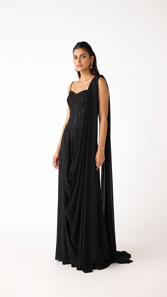 BLACK LYCRA EMBROIDERED READY TO WEAR SAREE