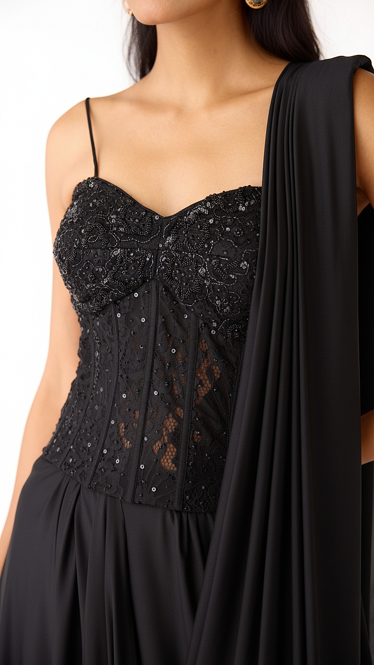 BLACK LYCRA EMBROIDERED READY TO WEAR SAREE