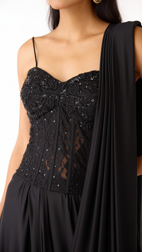 BLACK LYCRA EMBROIDERED READY TO WEAR SAREE