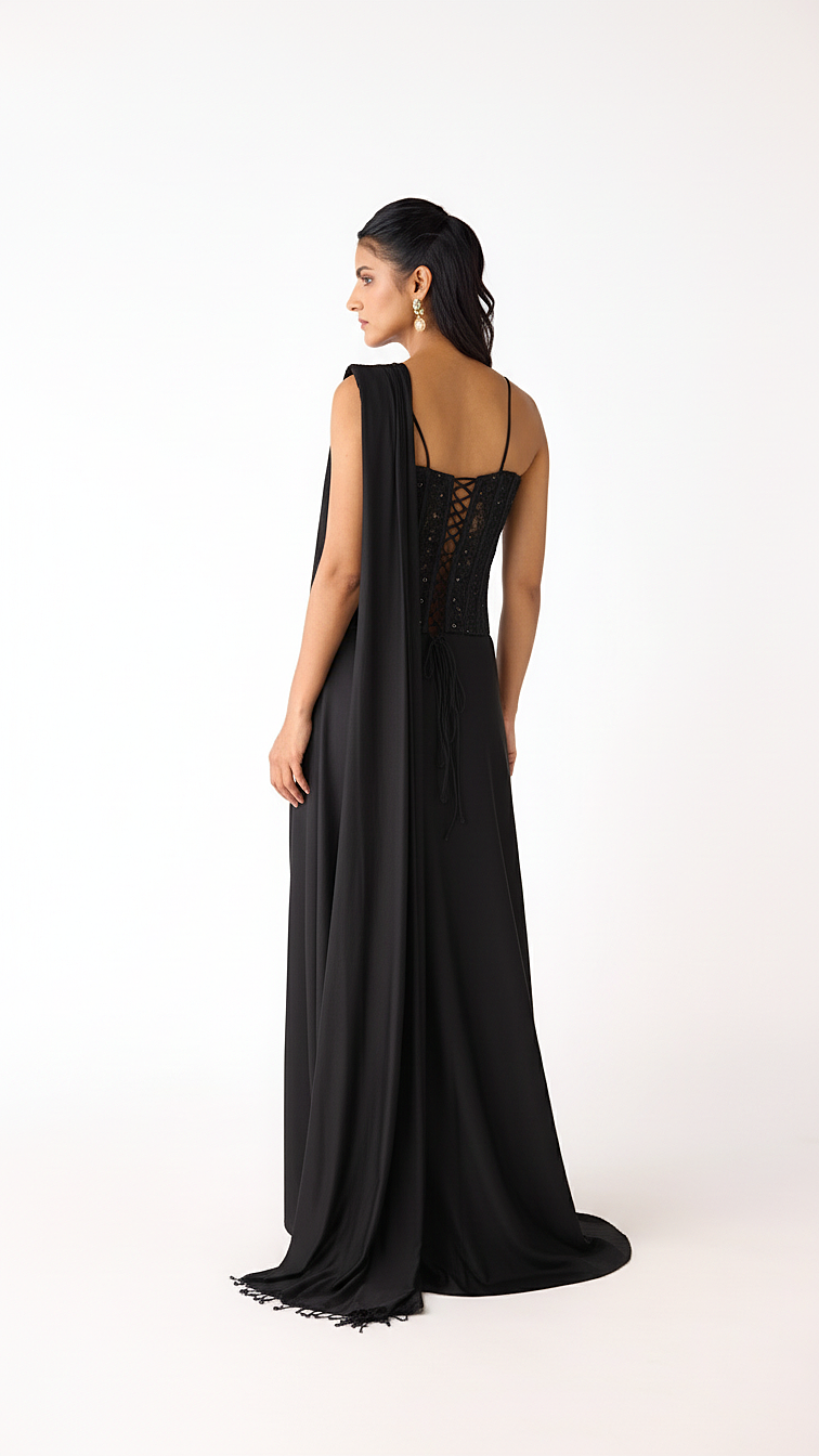 BLACK LYCRA EMBROIDERED READY TO WEAR SAREE
